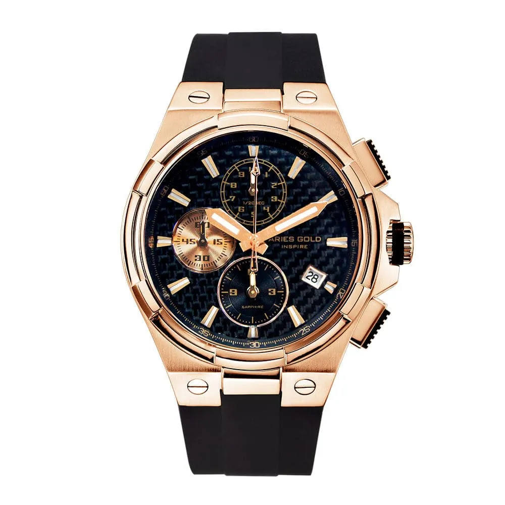 Jewelry Aries Watches ARIES GOLD MONARCH ROSE GOLD STAINLESS STEEL G 7312 RG-BKRG HI-TECH BLACK SYNTHETIC STRAP MEN'S WATCH