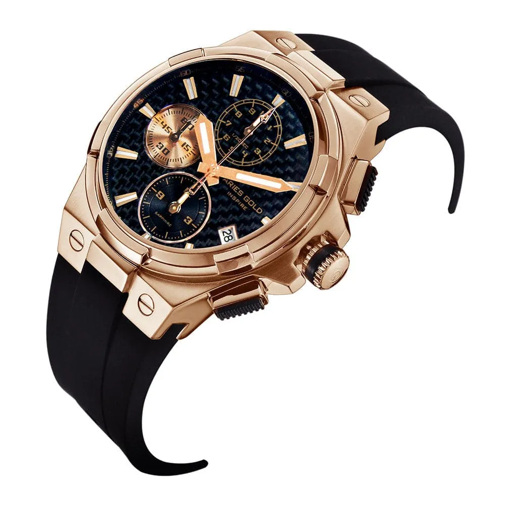 Jewelry Aries Watches ARIES GOLD MONARCH ROSE GOLD STAINLESS STEEL G 7312 RG-BKRG HI-TECH BLACK SYNTHETIC STRAP MEN'S WATCH