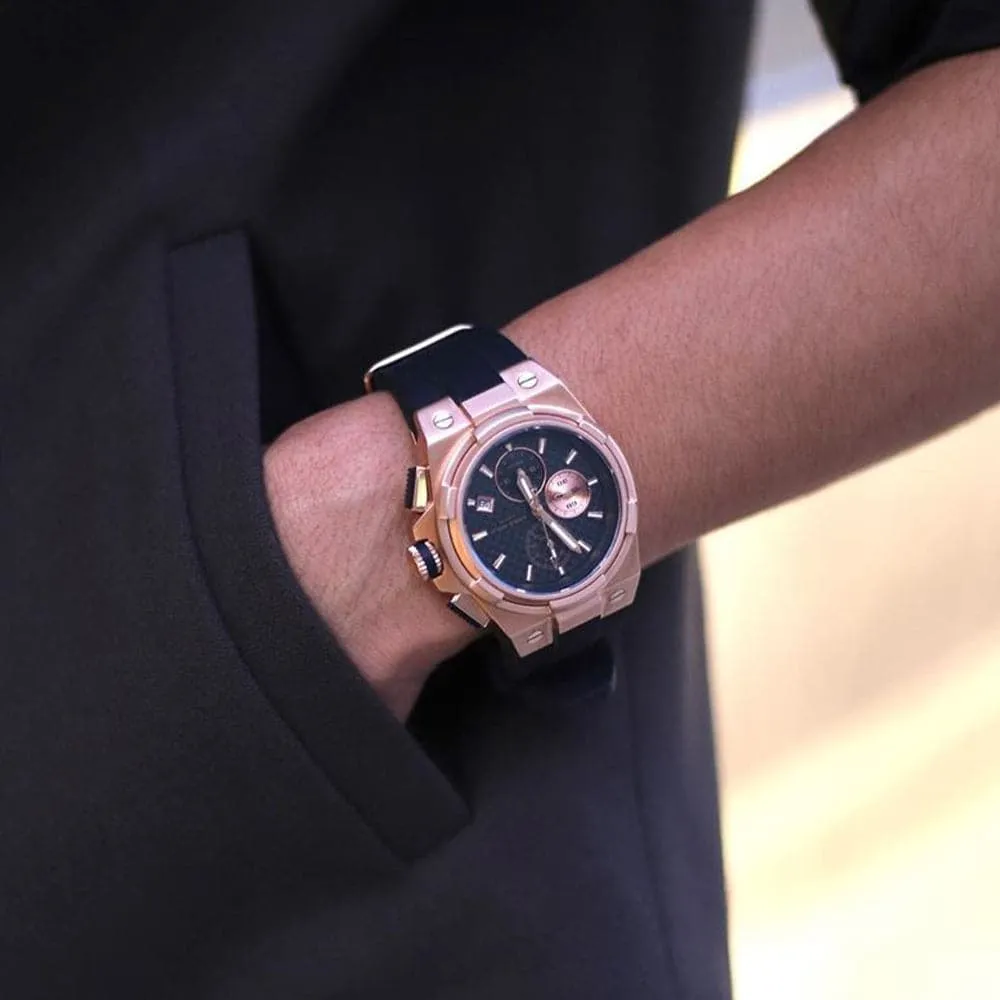 Jewelry Aries Watches ARIES GOLD MONARCH ROSE GOLD STAINLESS STEEL G 7312 RG-BKRG HI-TECH BLACK SYNTHETIC STRAP MEN'S WATCH