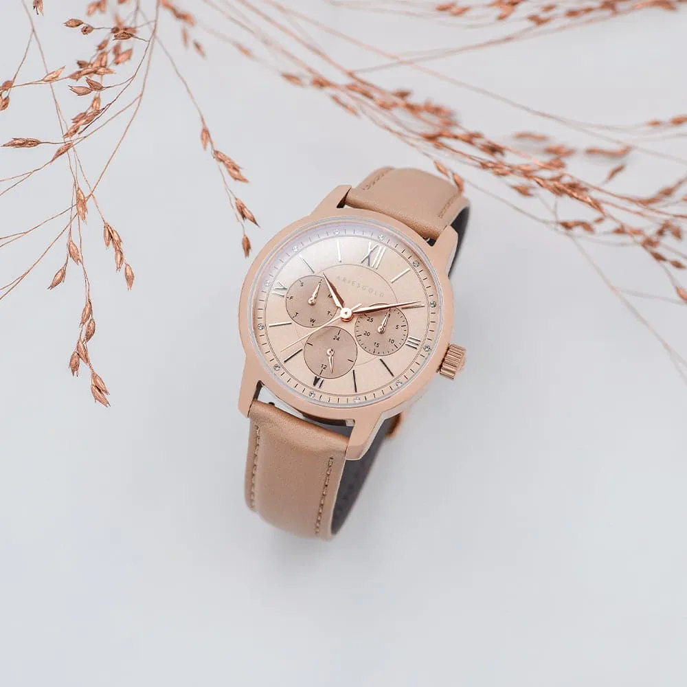 Jewelry Aries Watches ARIES GOLD URBAN ETERNAL ROSE GOLD STAINLESS STEEL L 1028 RG-BEI DUSTY PINK LEATHER STRAP WOMEN'S WATCH