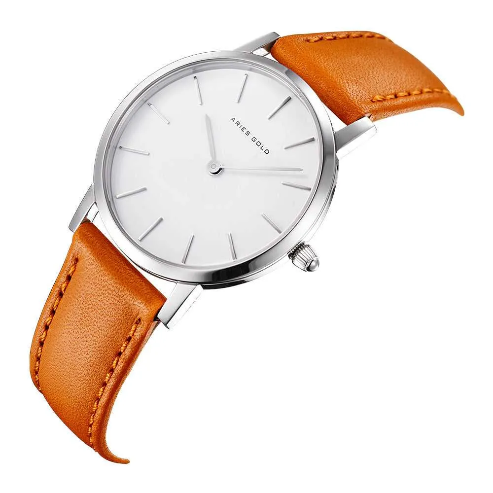 Jewelry Aries Watches ARIES GOLD URBAN SANTOS SILVER STAINLESS STEEL L 1023 S-W BROWN LEATHER STRAP WOMEN'S WATCH