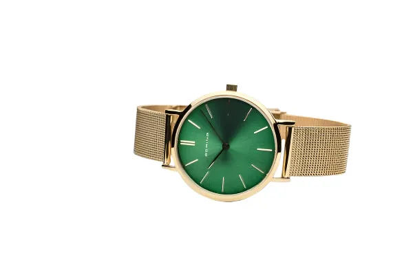 Jewelry Bering Watches Bering - Classic Gold Mesh Watch With Green Face
