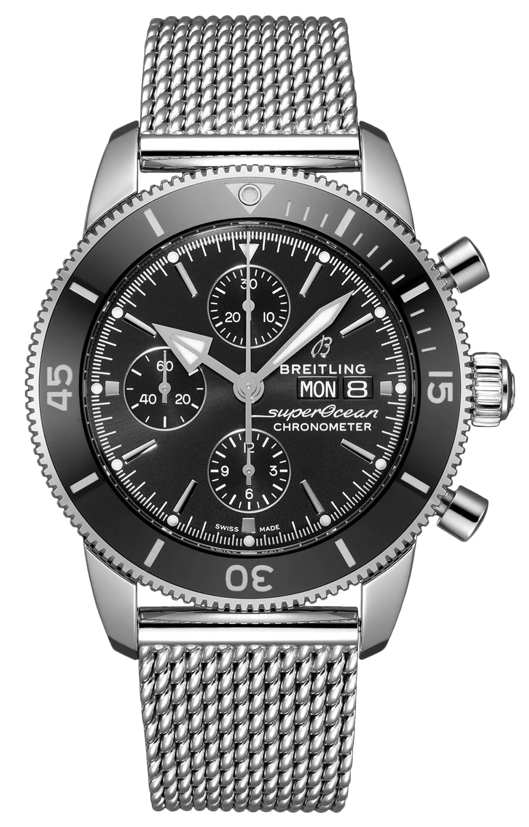 Jewelry Breitling Watches Breitling Superocean Heritage Automatic Chronometer Chronograph Mesh Stainless Steel Black Dial Day/Date Divers Mens Watch Special Edition A13313121B1A1