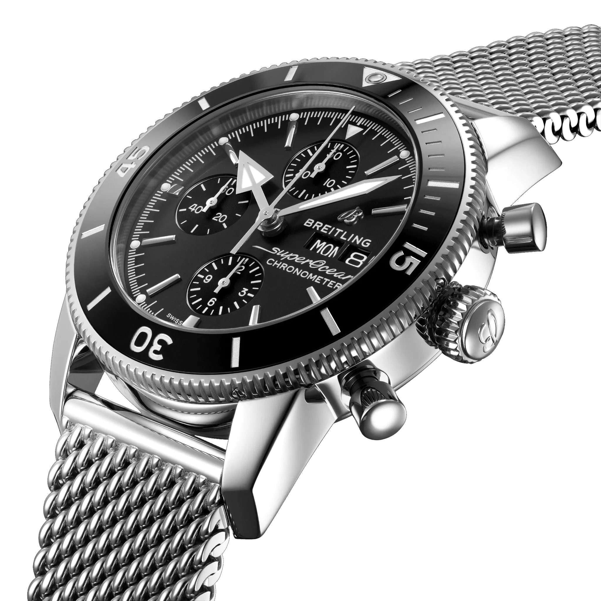 Jewelry Breitling Watches Breitling Superocean Heritage Automatic Chronometer Chronograph Mesh Stainless Steel Black Dial Day/Date Divers Mens Watch Special Edition A13313121B1A1