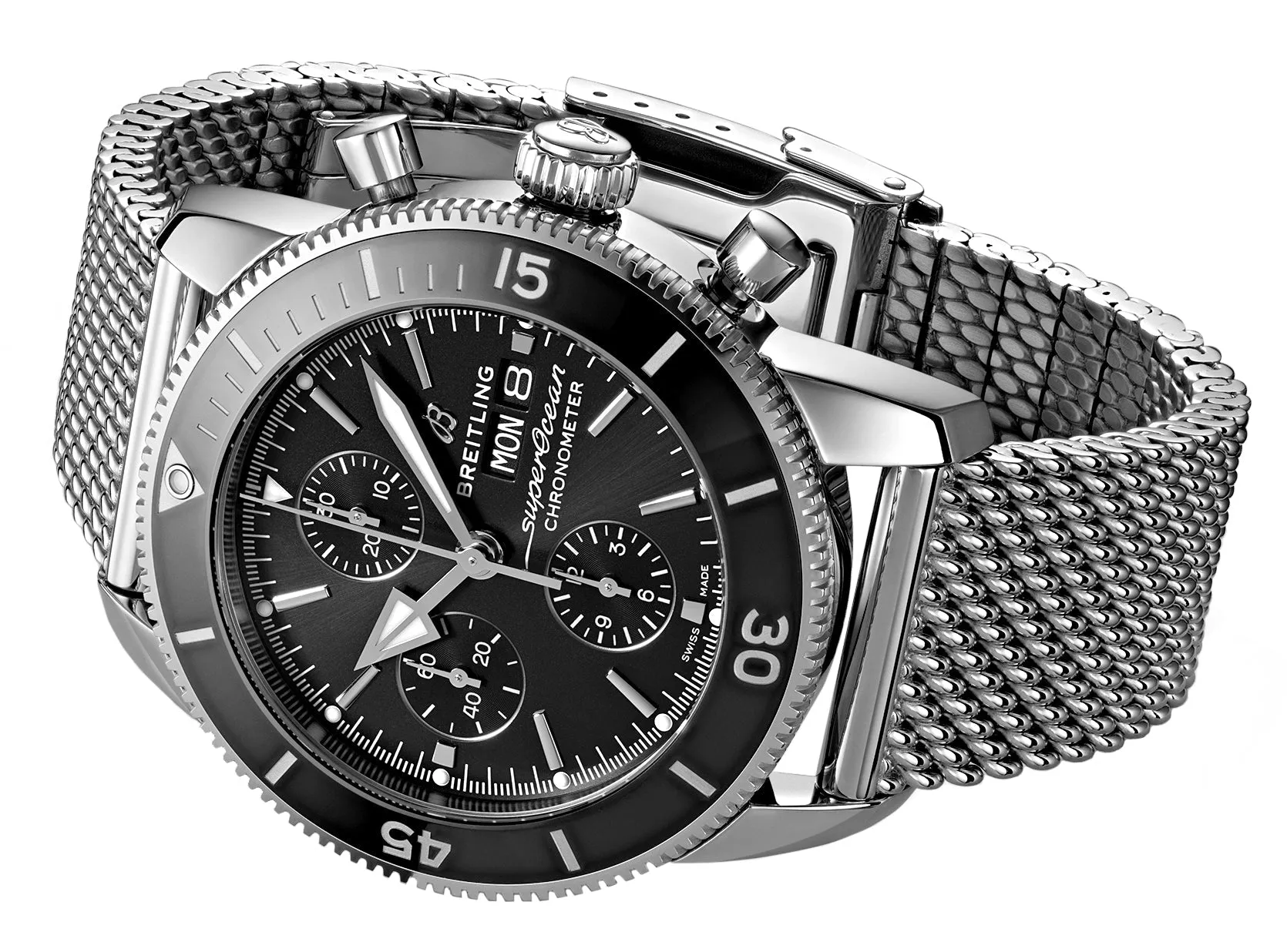 Jewelry Breitling Watches Breitling Superocean Heritage Automatic Chronometer Chronograph Mesh Stainless Steel Black Dial Day/Date Divers Mens Watch Special Edition A13313121B1A1